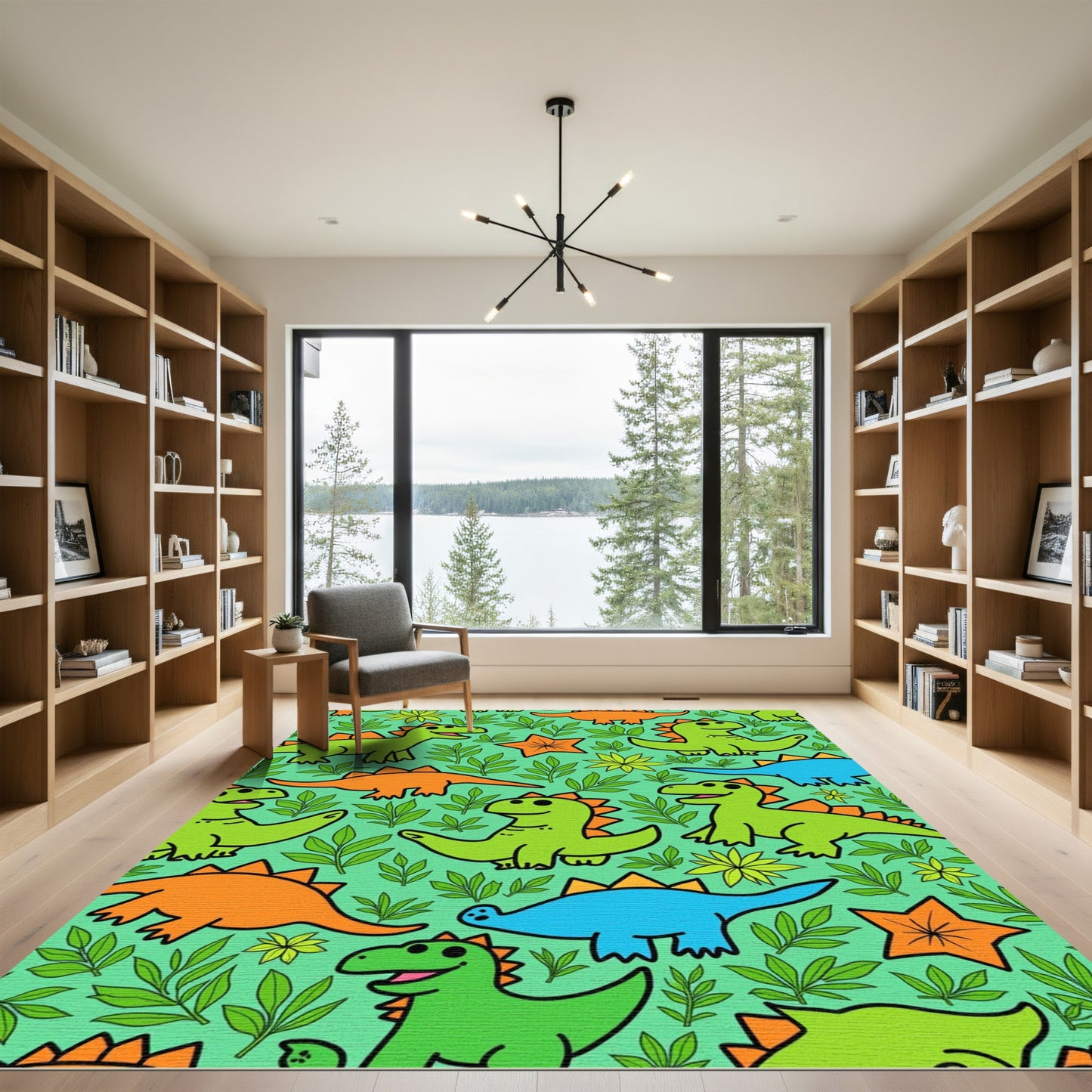 Playful Dinosaur Jungle Leaf Design Rug