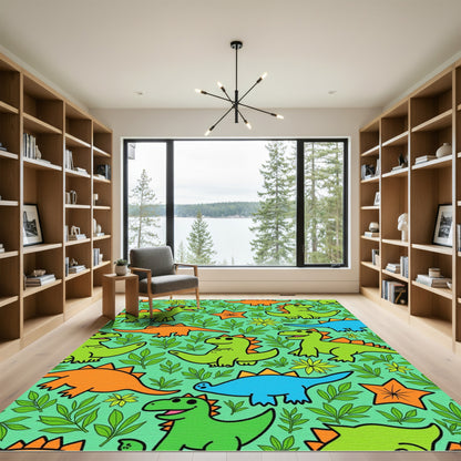 Playful Dinosaur Jungle Leaf Design Rug