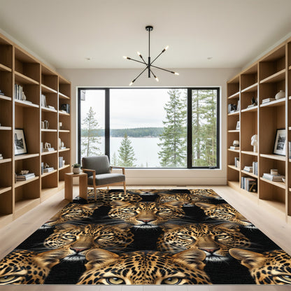 Golden Leopard Spots Black Background Rug
