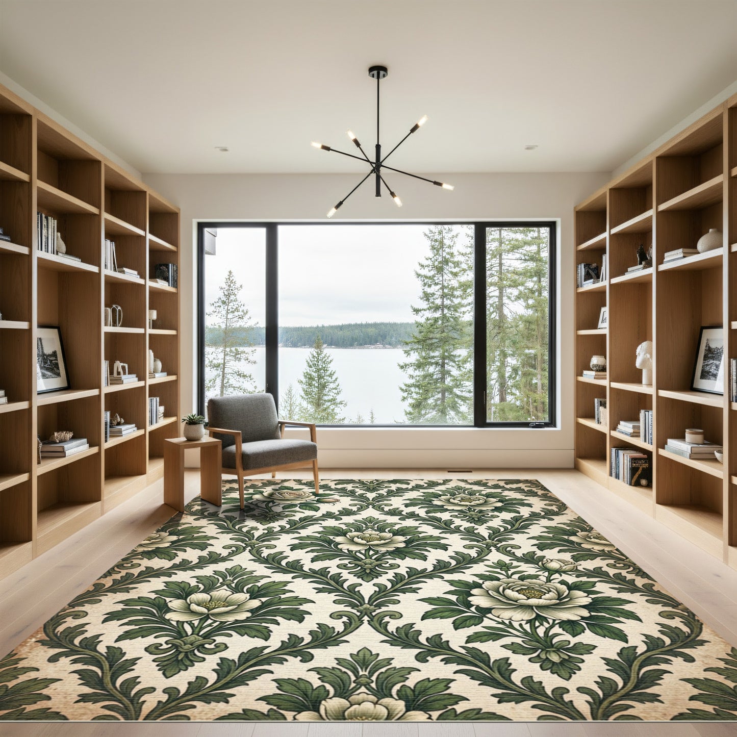 Victorian Cream and Olive Floral Damask Rug