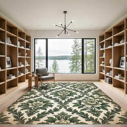 Victorian Cream and Olive Floral Damask Rug