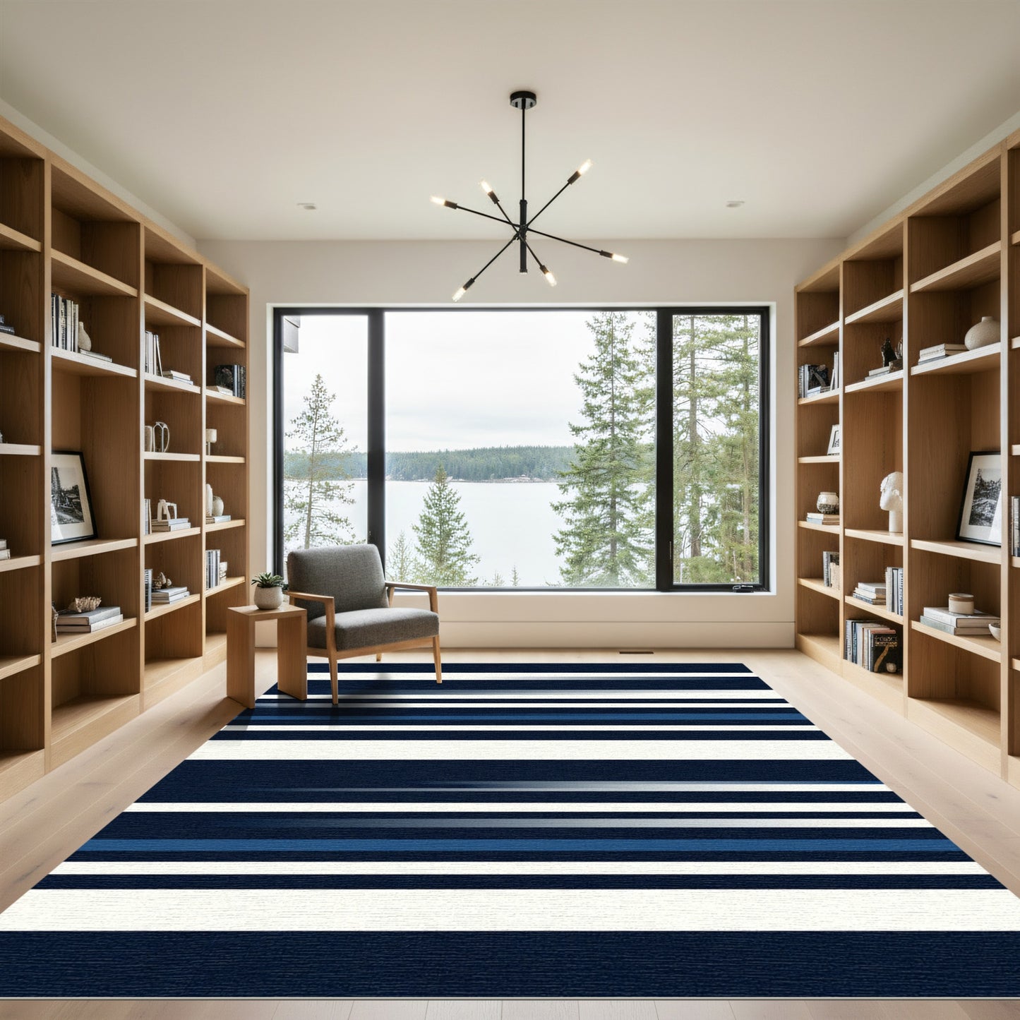 Minimalist Navy and White Striped Abstract Rug