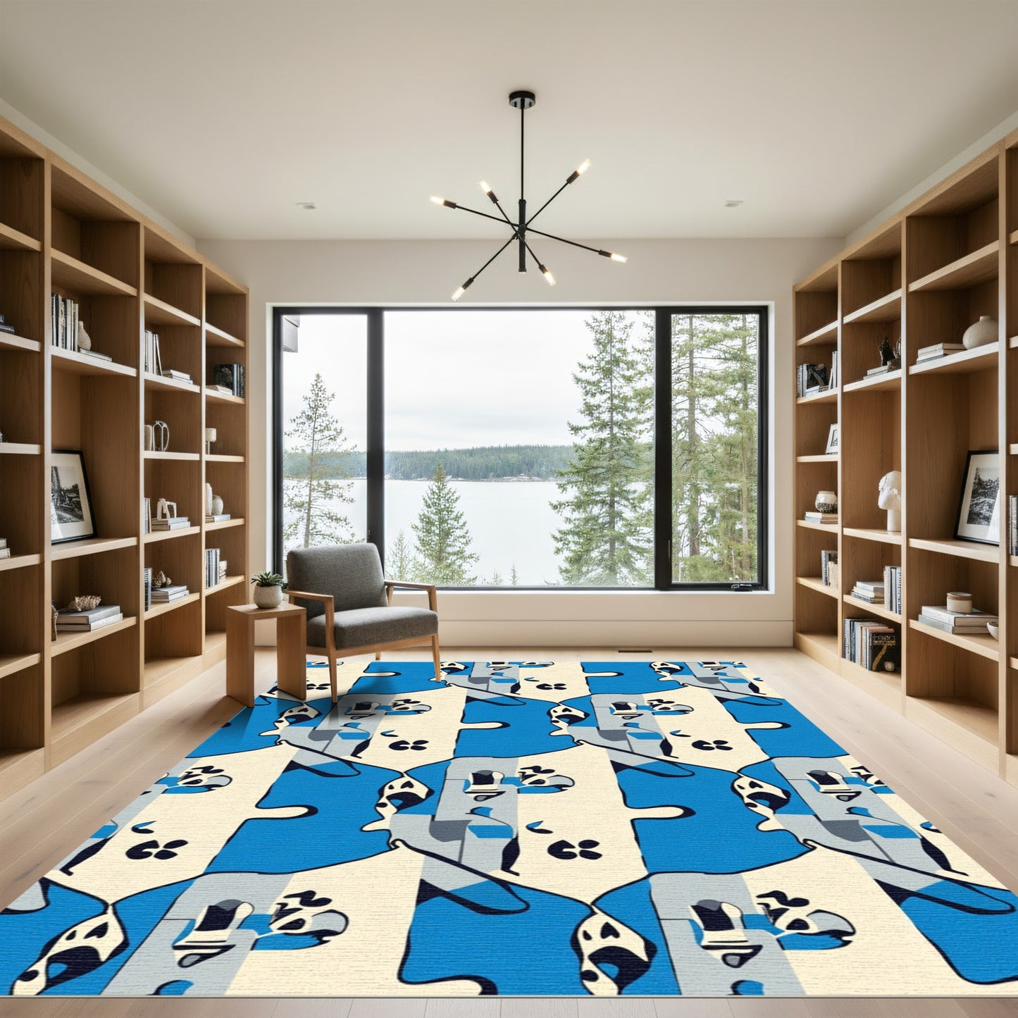Modern Geometric Blue Puzzle Faces Rug