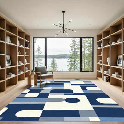 Modern Navy Blue Geometric Blocks Rug