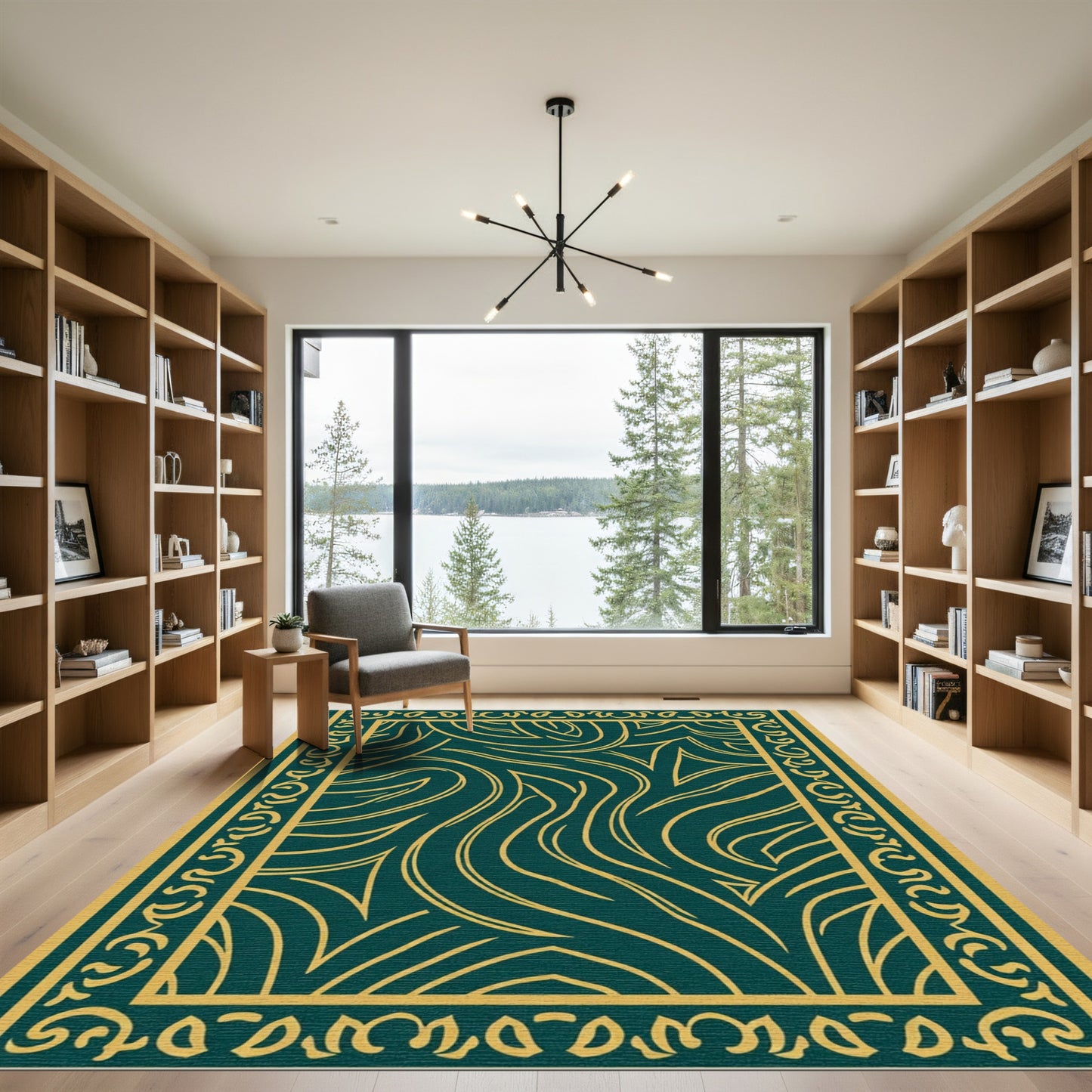 Teal Gold Abstract Swirls Border Rug
