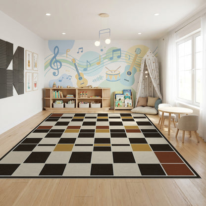 Geometric Rust Gold Black Grid Rug
