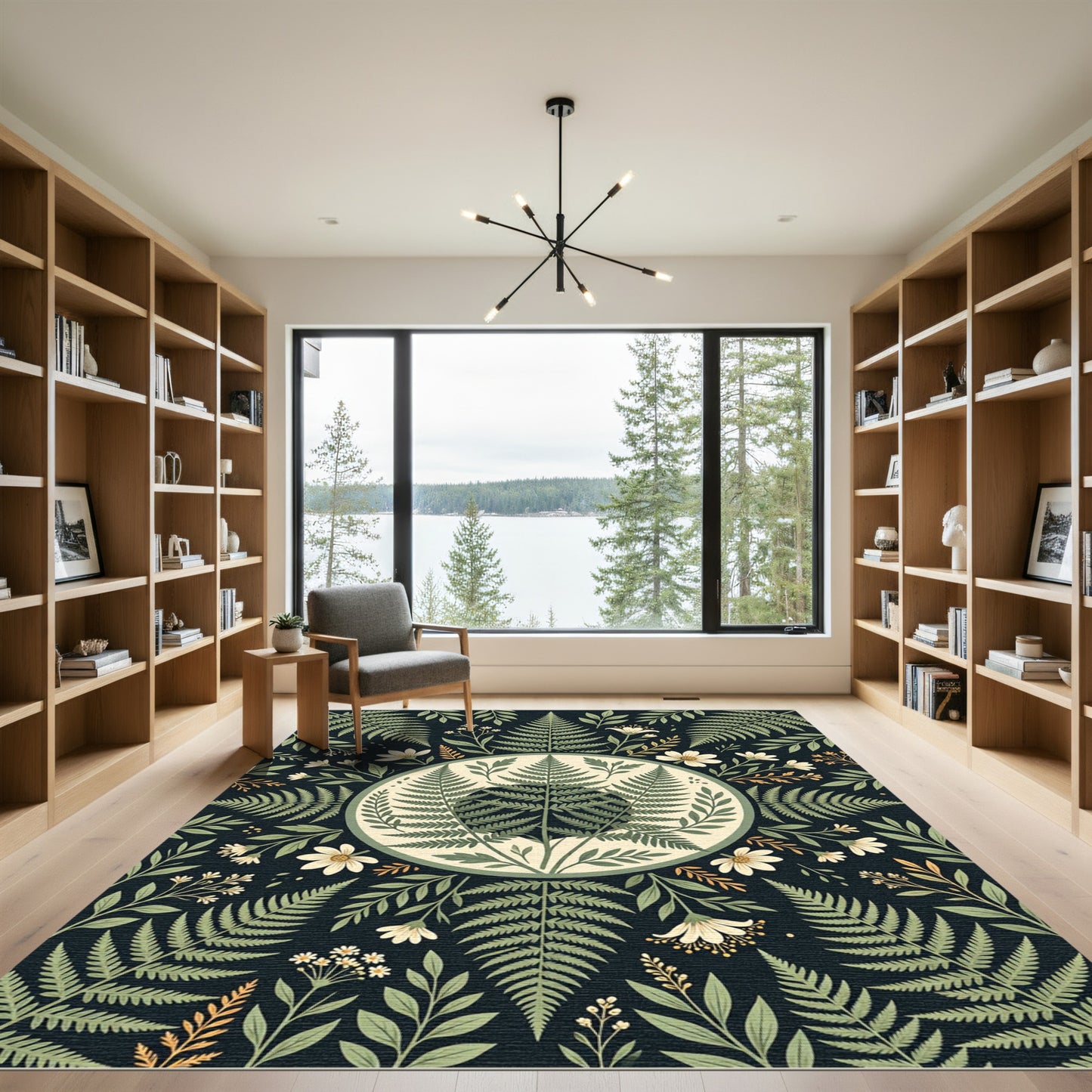 Sage Fern Botanical Midnight Circle Rug