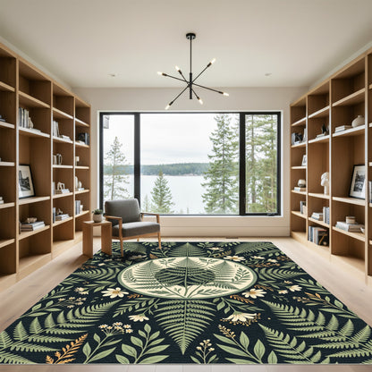 Sage Fern Botanical Midnight Circle Rug