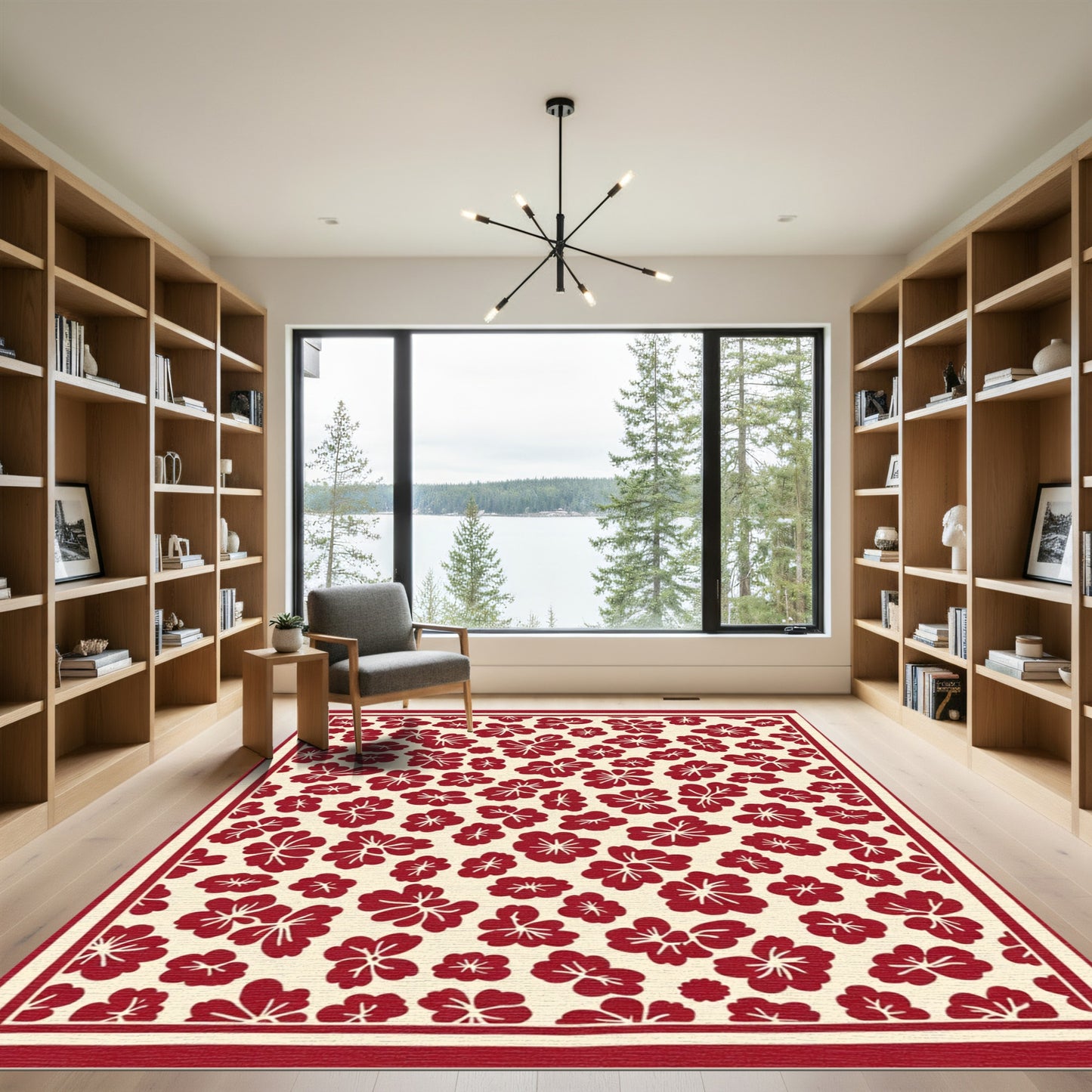Crimson Floral Blossom Cream Rug