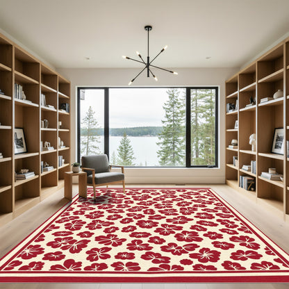 Crimson Floral Blossom Cream Rug