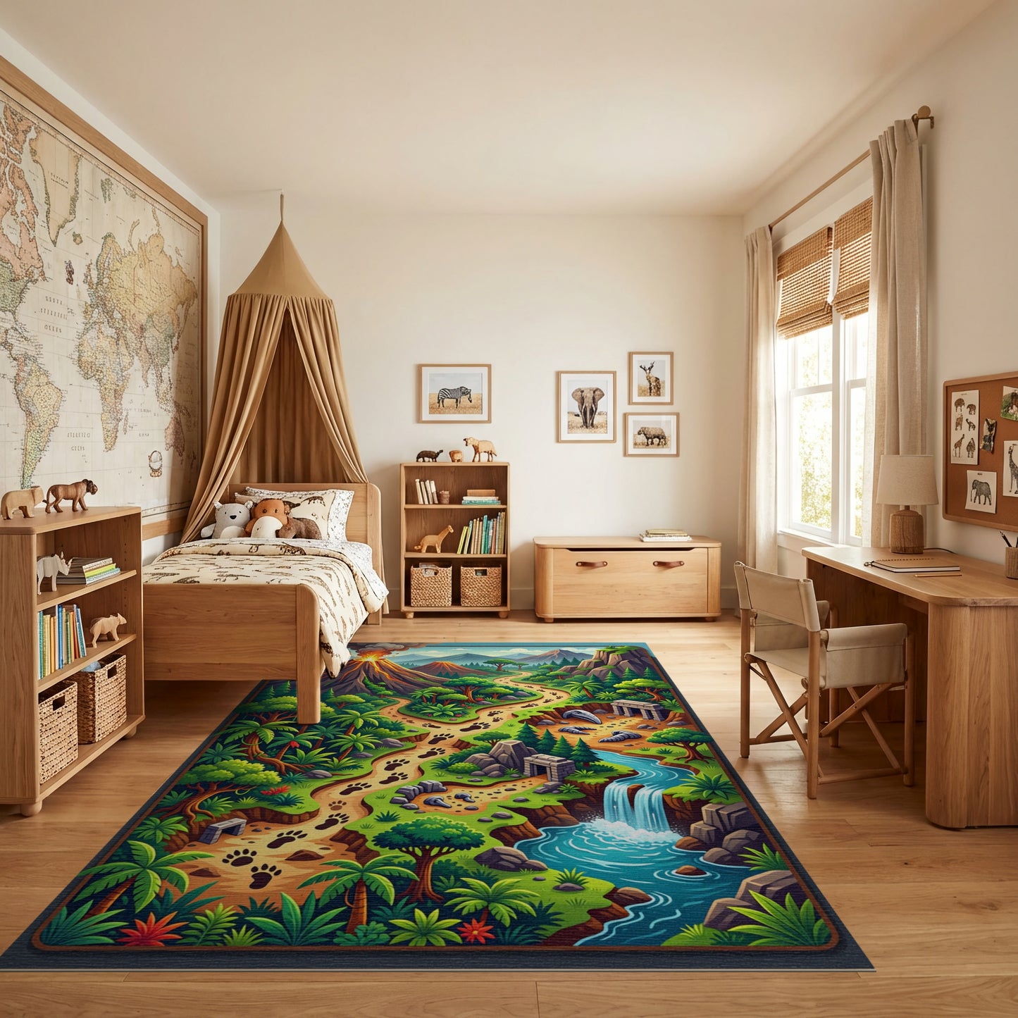 Vibrant Jungle Paw Path Volcano Ruins Rug
