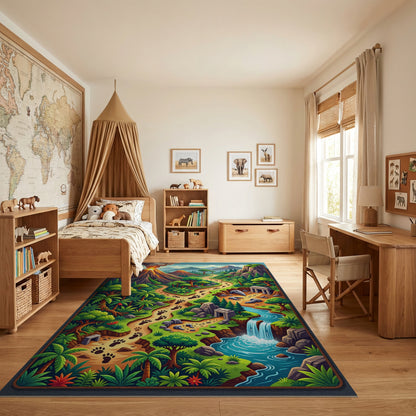 Vibrant Jungle Paw Path Volcano Ruins Rug