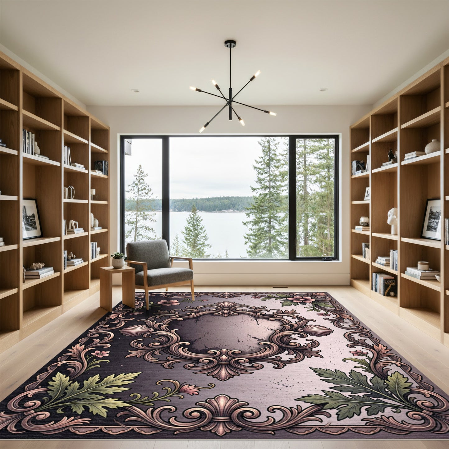 Ornate Pink Floral Gilded Scroll Rug