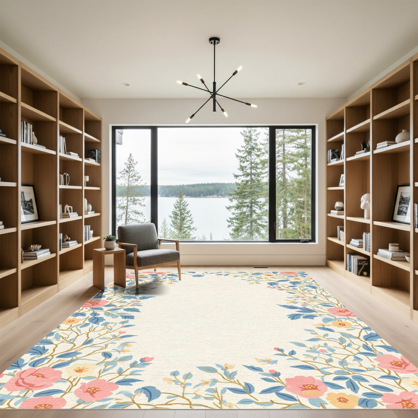 Coral Pink Yellow Blue Floral Branch Rug
