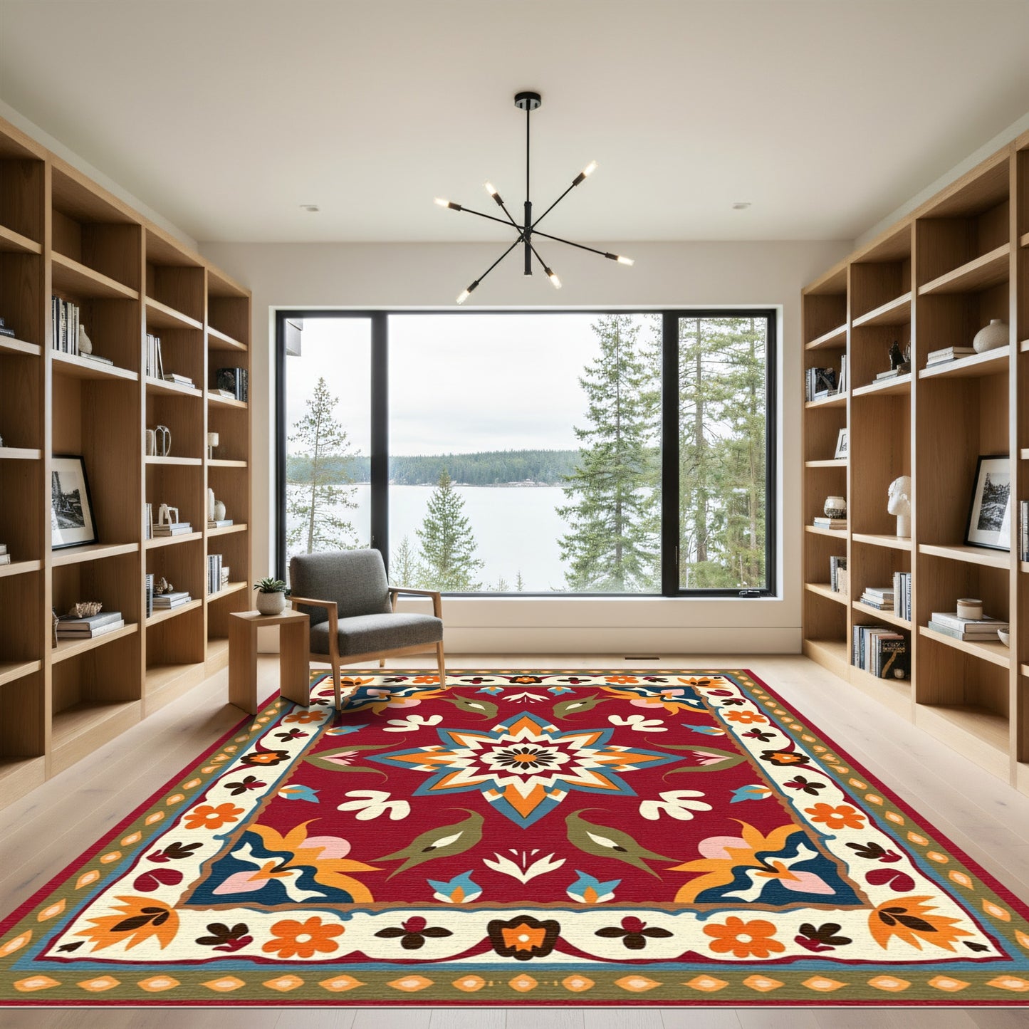 Vibrant Crimson Floral Medallion Folk Rug