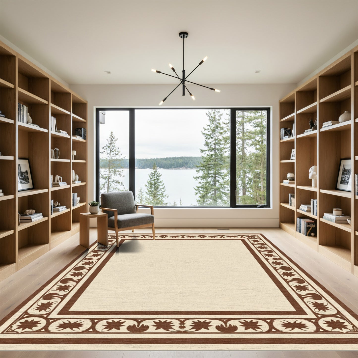 Brown Floral Star Border Frame Rug
