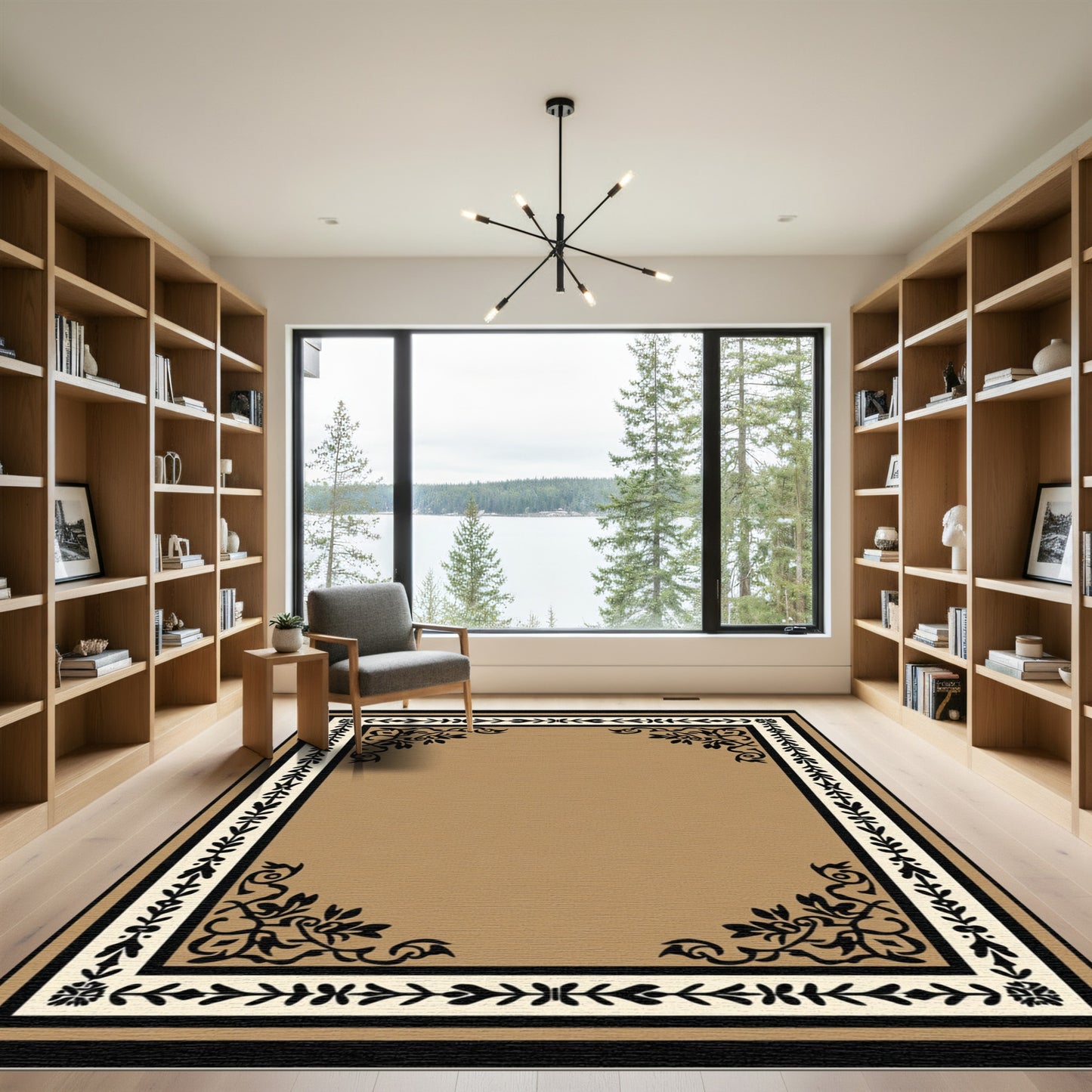 Brown Cream Black Ornate Floral Border Rug