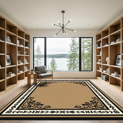 Brown Cream Black Ornate Floral Border Rug