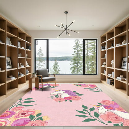 Whimsical Unicorn Floral Pink Garden Rug