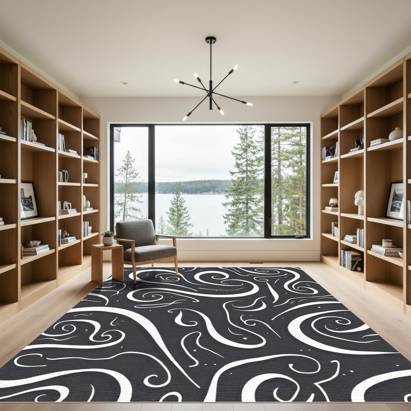 Dark Gray Swirling White Ink Strokes Rug