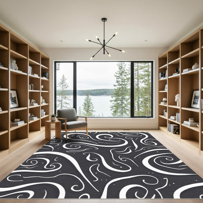 Dark Gray Swirling White Ink Strokes Rug