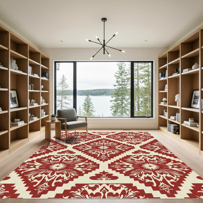 Crimson Cream Damask Geometric Rug
