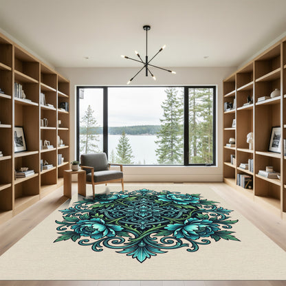 Elegant Turquoise Peony Floral Medallion Rug