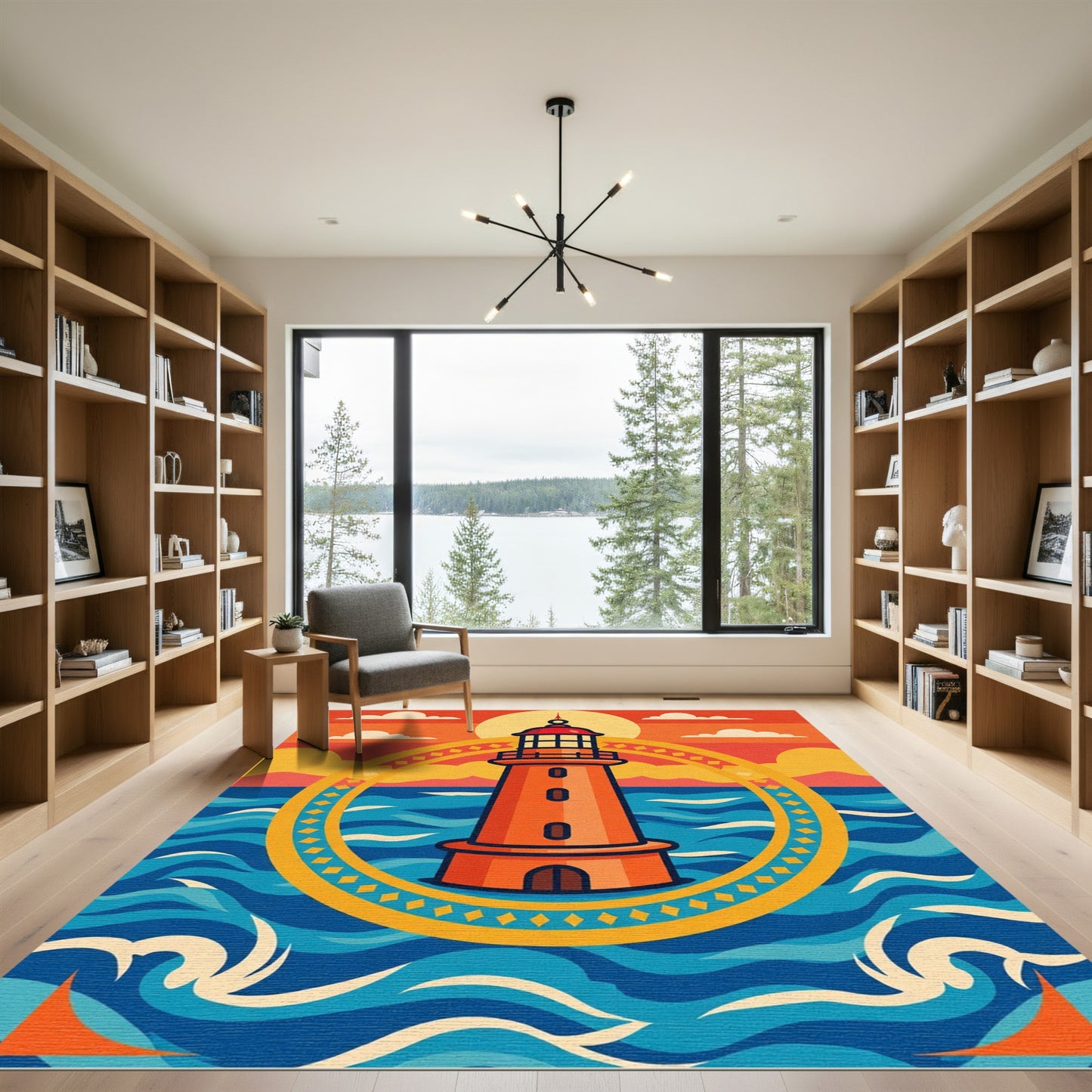 Bright Orange Lighthouse Sunset Ocean Scene Rug