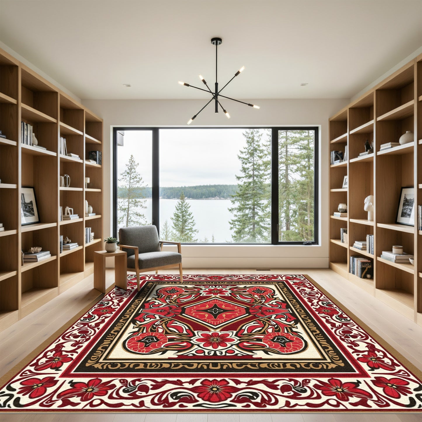 Crimson Floral Art Nouveau Square Rug