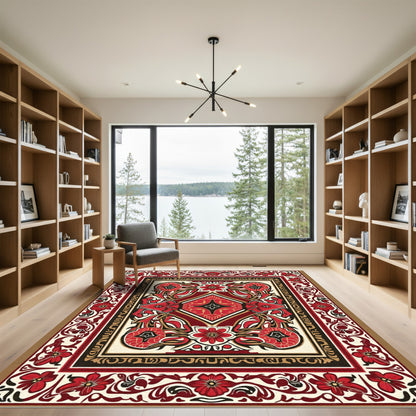 Crimson Floral Art Nouveau Square Rug