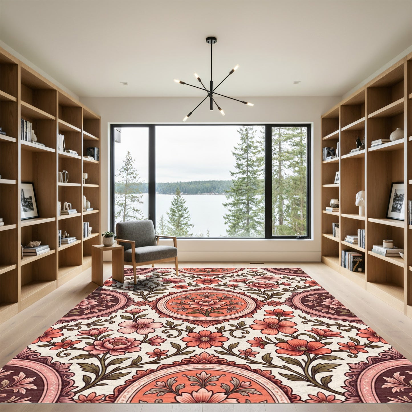 Coral Pink Floral Scroll Medallion Rug