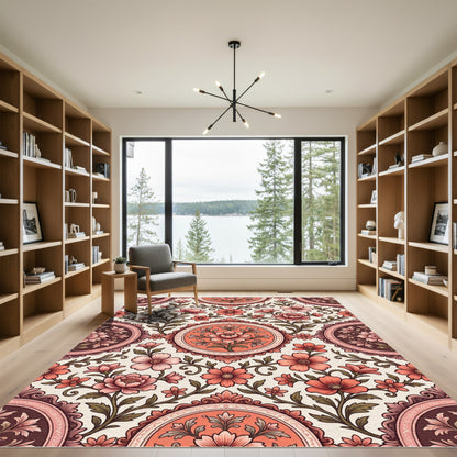Coral Pink Floral Scroll Medallion Rug