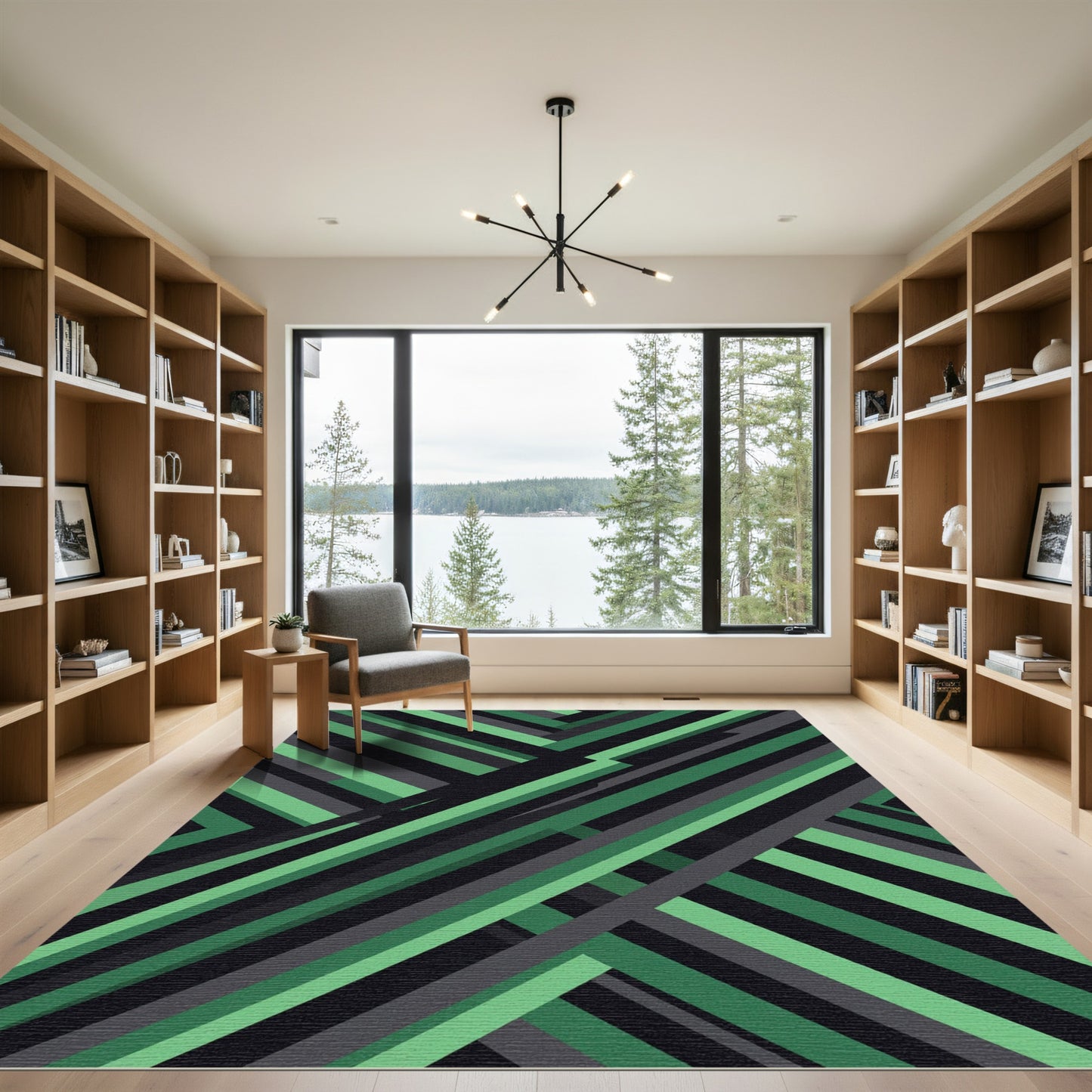 Modern Emerald Slate Diagonal Stripe Rug