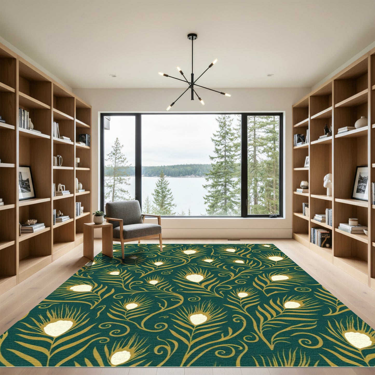 Emerald Gold Peacock Feather Flow Rug
