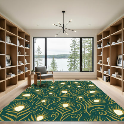 Emerald Gold Peacock Feather Flow Rug