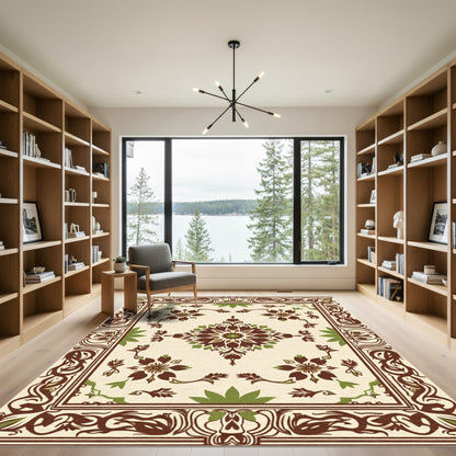 Ornate Brown Green Floral Medallion Rug