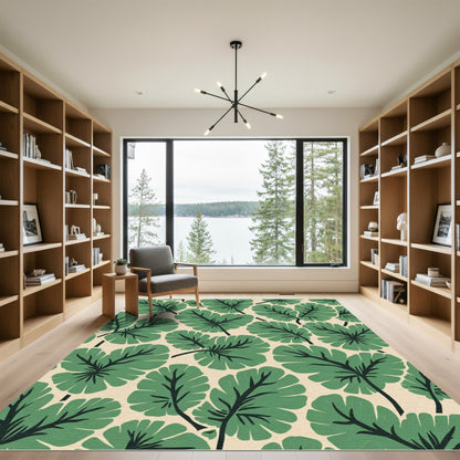 Large Green Tropical Leaf Pattern Rug