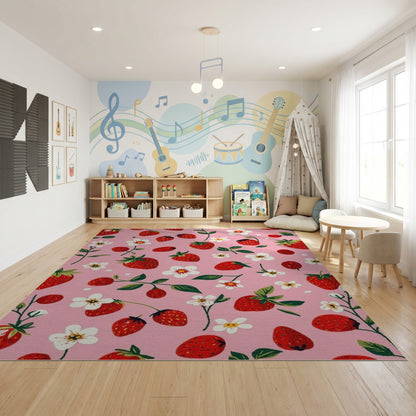 Whimsical Pink Strawberry Floral Rug