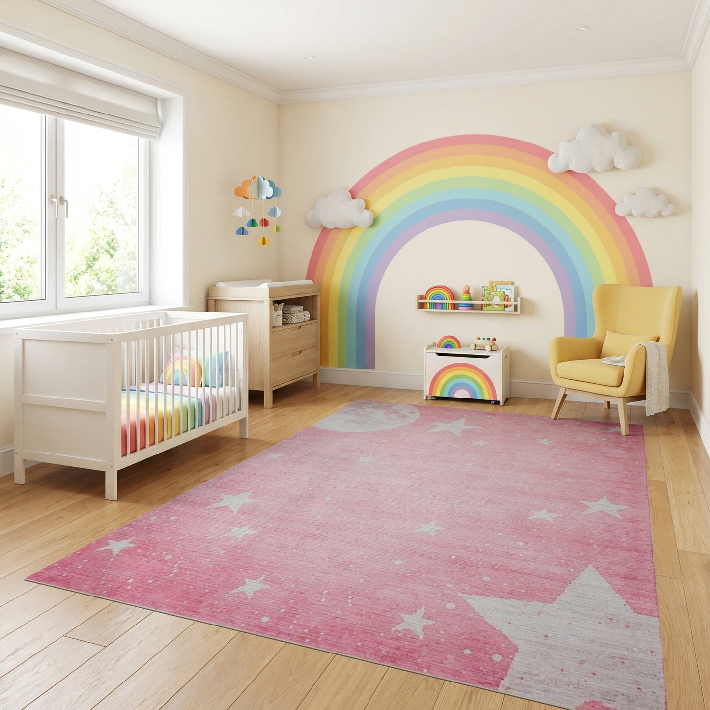 Whimsical Pink Moon Stars Rug