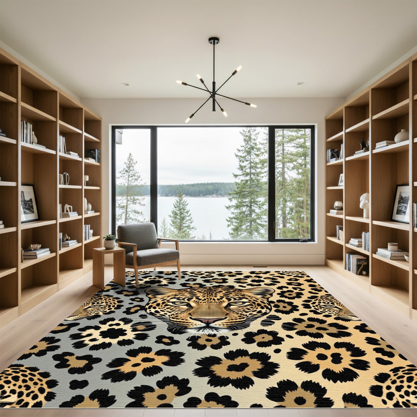 Golden Leopard Face Floral Collage Rug