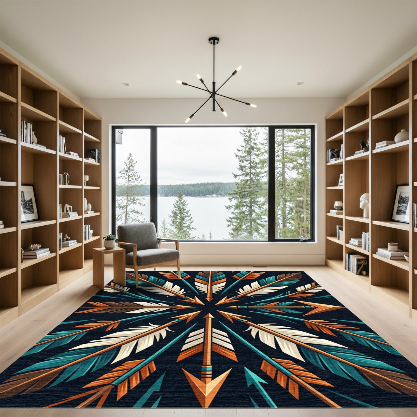 Geometric Teal and Copper Arrow Mandala Rug