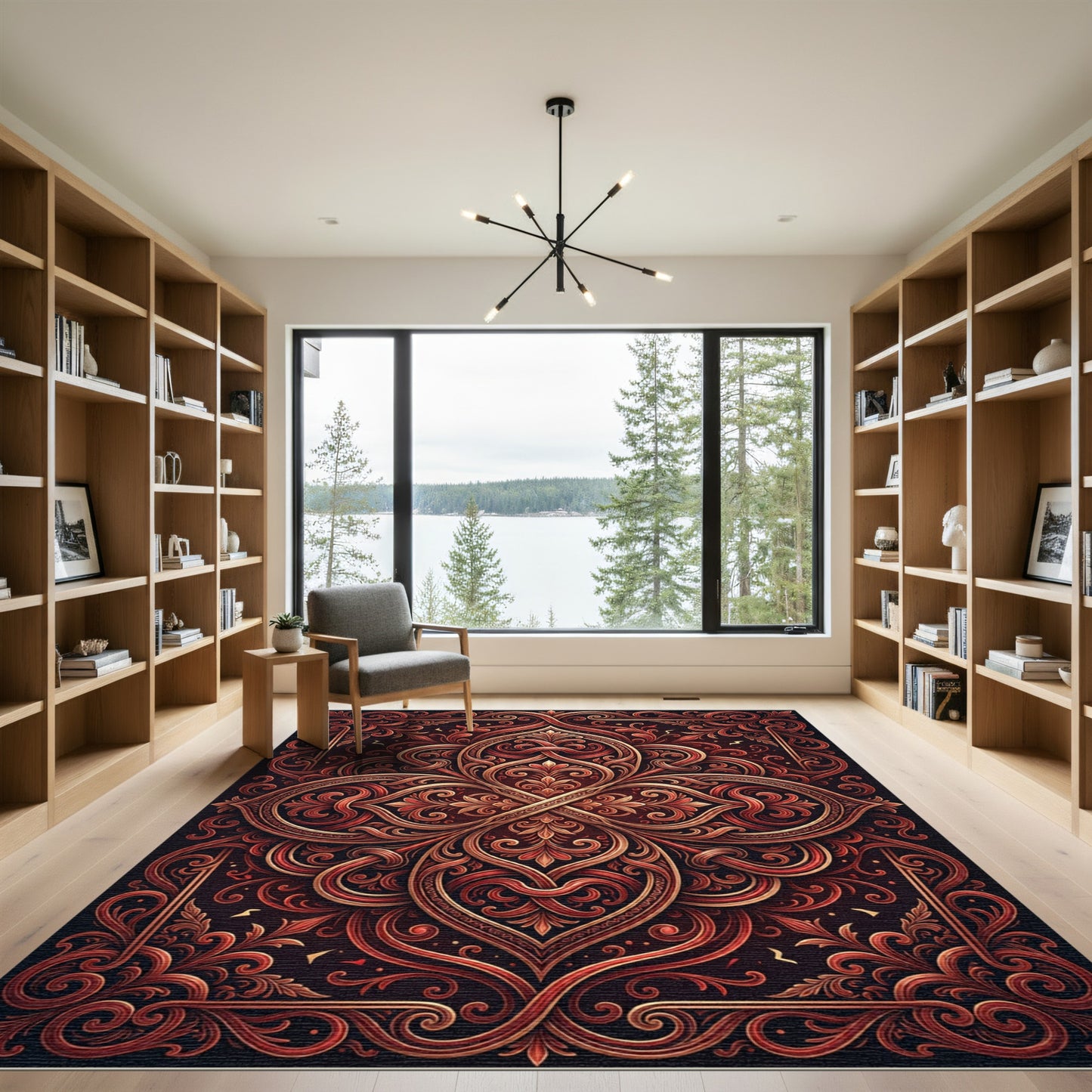 Intricate Red Gold Floral Ornament Rug