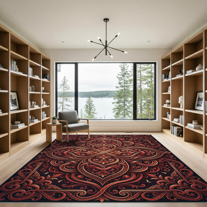 Intricate Red Gold Floral Ornament Rug