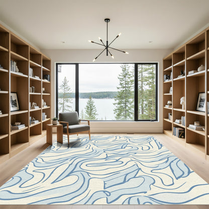 Abstract Blue Wavy Organic Flow Rug