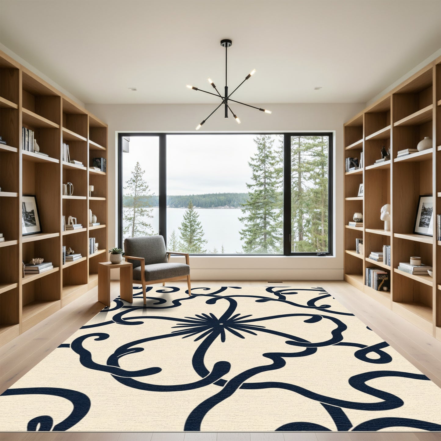 Cream Navy Swirl Floral Art Nouveau Rug
