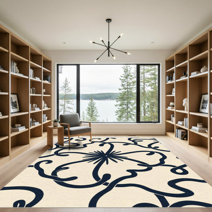 Cream Navy Swirl Floral Art Nouveau Rug