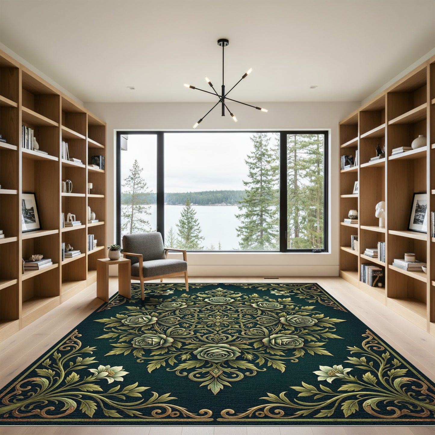 Elegant Emerald Rose Floral Medallion Rug