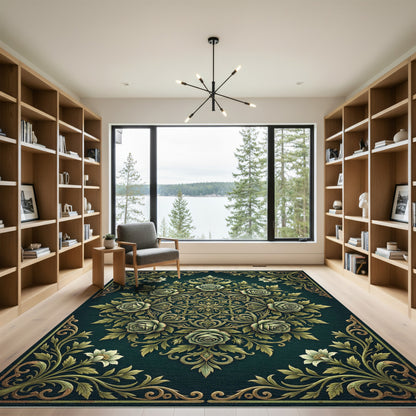 Elegant Emerald Rose Floral Medallion Rug
