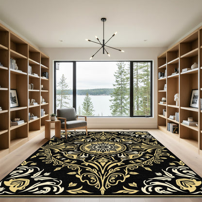 Black Gold Ornamental Medallion Swirl Rug