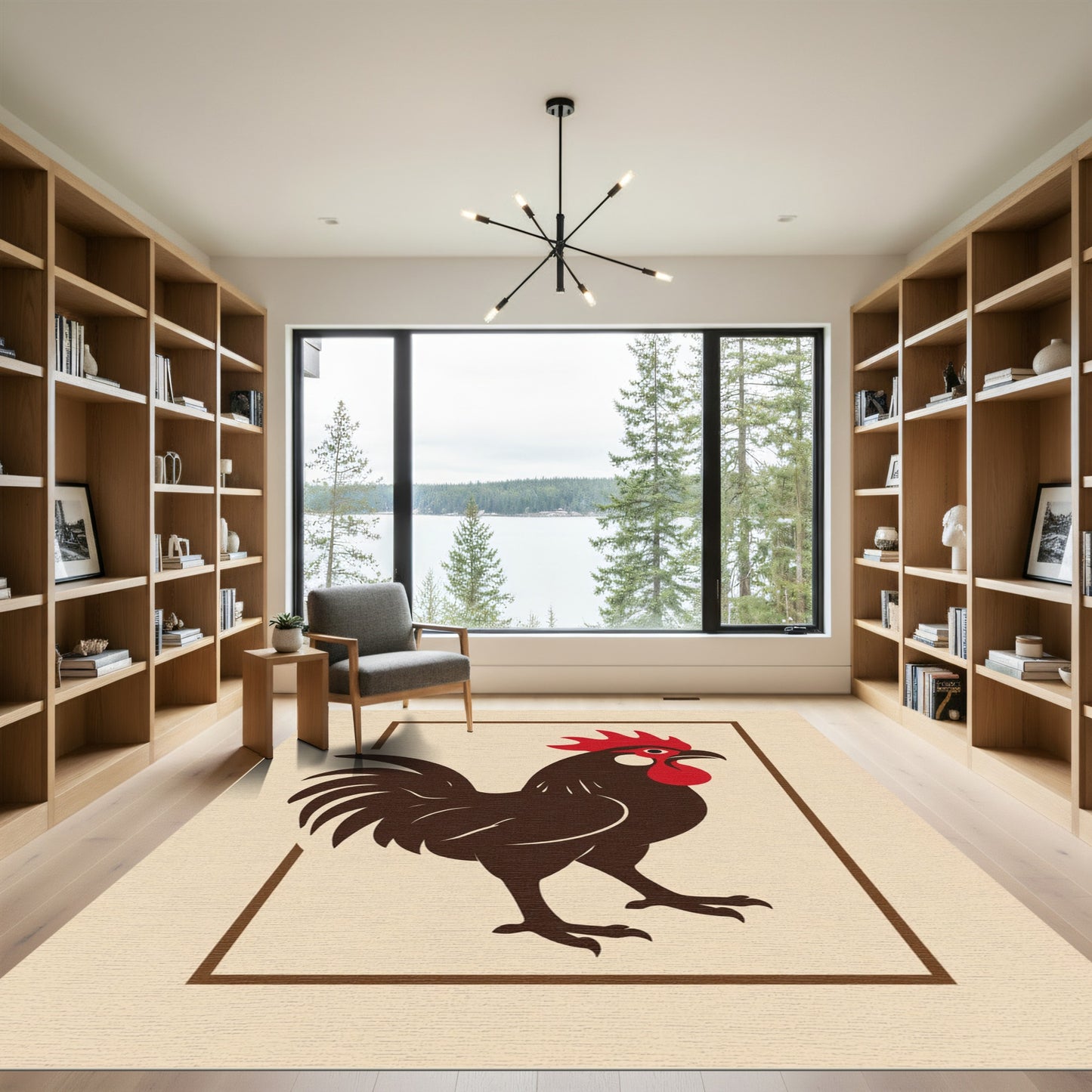 Bold Crimson Rooster Folk Art Rug